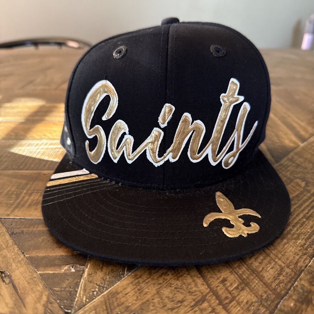 Custom Painted New Orleans Saints Snapback Hat Black Gold NFL Cap